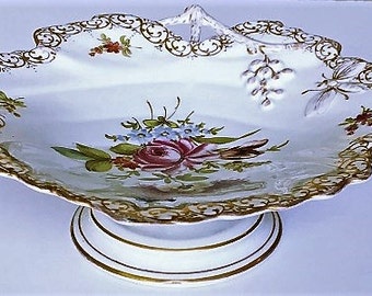 Vintage Germany Porcelain Compote, grape leaf pedestal china dish, hard to find