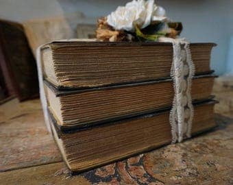 Distressed book stack farmhouse taupe gray book bundle French postcard antique lace embellishments decor Anita Spero Design