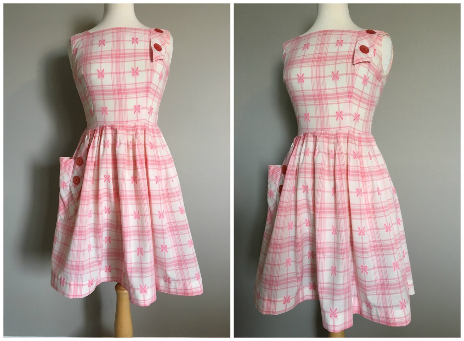 Vintage PINK and WHITE PLAID Picnic Dress/size XSmall-Small