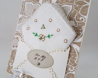 Beautiful Vintage Embroidered Handkerchief Just Because Friendship Thinking Of You BFF Best Friend Birthday Hanky Keepsake Greeting Card