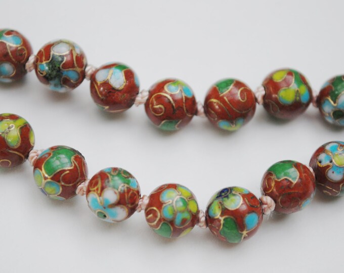 Cloisonne flower Bead Necklace - Red Brown beads green blue gold - Enameling - Hand knotted beads -Asian Chinese