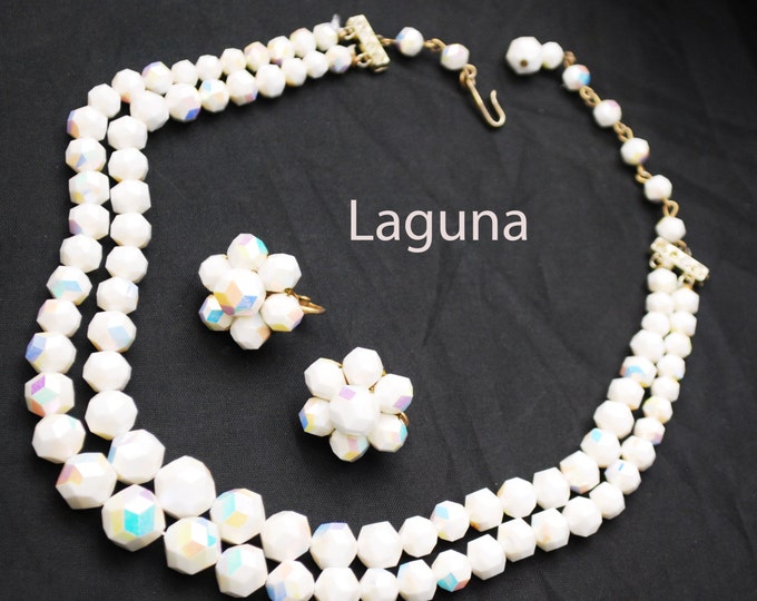 Laguna Bead necklace and earring set - White milk glass -aurora borealis - Double strand -cluster bead earrings -clip on earrings