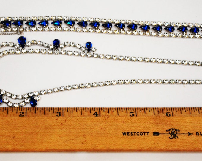Blue Rhinestone Necklace and Bracelet - B David signed - Silver tone - Jewelry Set - Mid Century -Wedding Bride