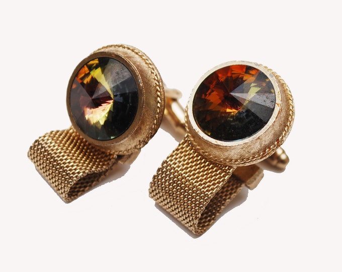 GreenYellos Rivoli Cuff link - Signed Dante - gold mesh - Rhinestone cufflinks