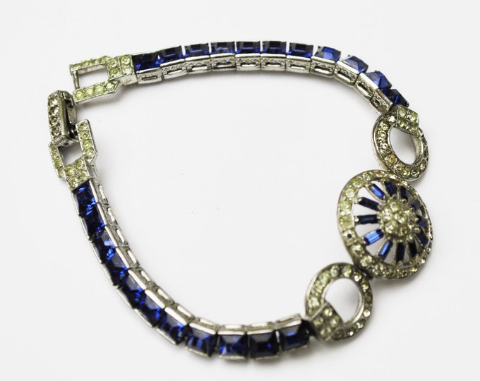 Otis Sterling Blue Rhinestone Bracelet - Art DEco - Clear sapphire blue stones - channel set - Signed - Domed circle