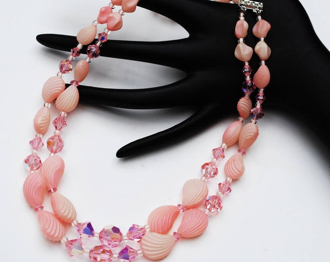 Double Strand Pink Bead Necklace - Crystal glass - Vintage plastic Shell -Rhinestone - Mid century