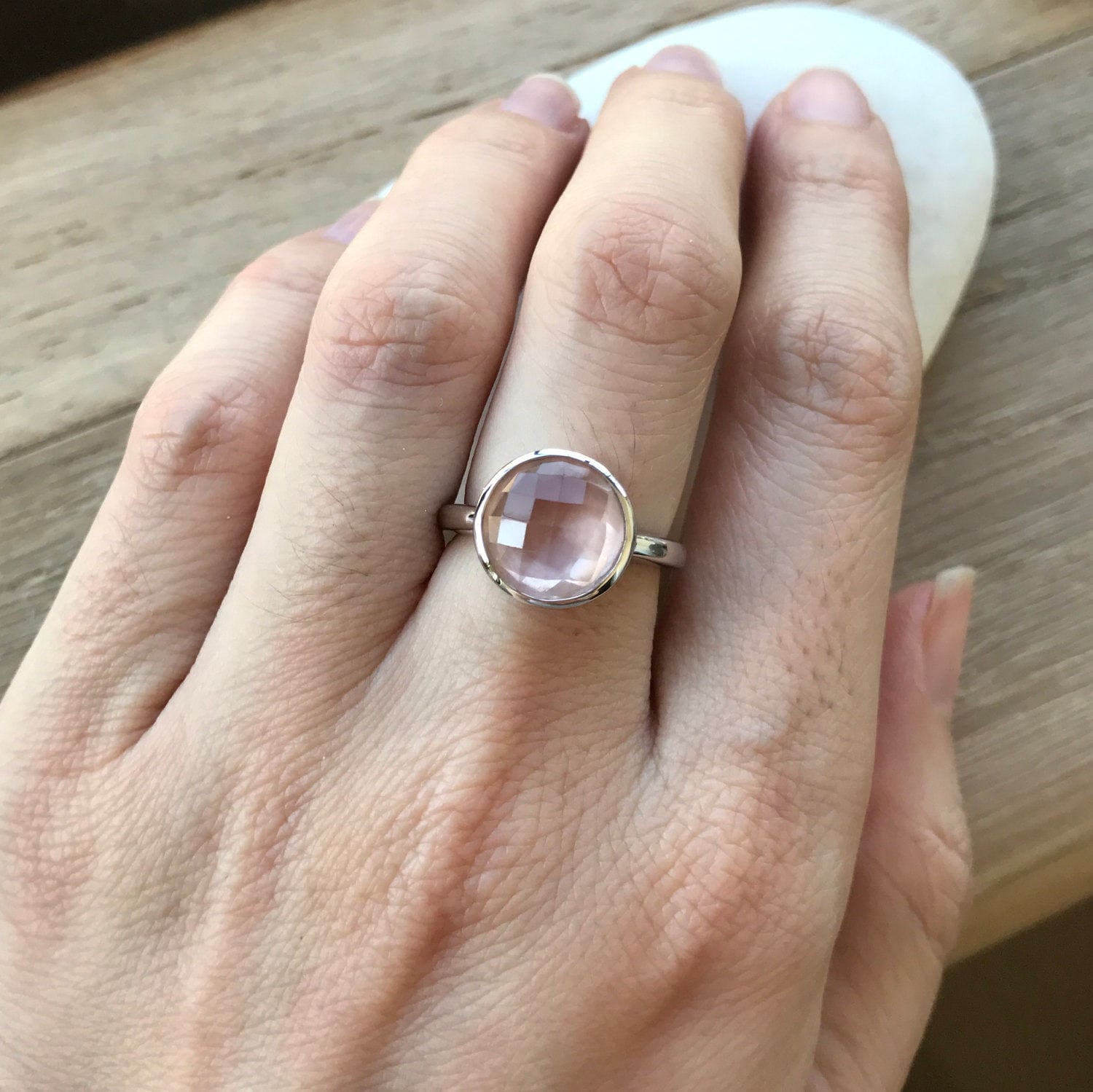 Round Rose Quartz Ring- Pink Quartz Stack Ring- Classic Pink Gemstone ...