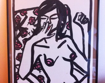 Dessin original, original artwork, smoking sexy girl fille nue sur papier 40x50