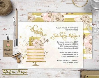 Oh Baby, Couture Cake Baby Shower Invitation. Gold Cake Topper, Gold and Cream, Floral, Glam Baby Shower Invitation, Sparkle DIGITAL FILE