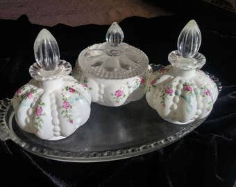 Vintage Fenton Dresser Vanity Set Beaded Melon Tea Rose