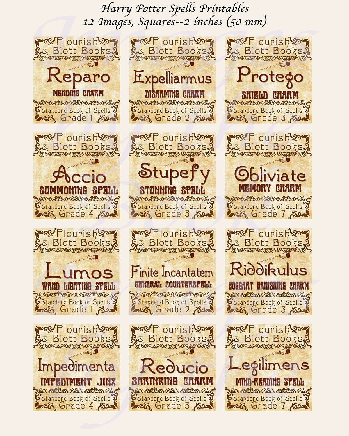 Harry Potter Spells, Parchment, EXTRA LARGE SQUARES, 1.5 inch, 2 inch ...