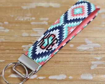 Monogrammed Aztec/Tribal Key Fob in Wristlet or Mini Length - Key Chain - Embroidered