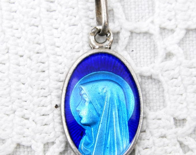 Vintage French Religious Silver Alloy Metal and Blue Glass Enamel Medal Virgin Mary from Lourdes, Religion, Christian, Catholic, Our Lady Vintage French Religious Silver Alloy Metal and Blue Glass Enamel Medal Virgin Mary from Lourdes, Religion, Christian, Catholic, Our Lady