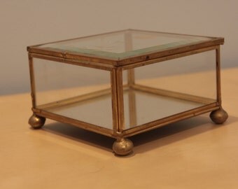 Vintage Glass and Brass Box with Etched Flower- Terrarium Box- Trinket Box