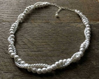 White Pearl Necklace Bridal Necklace Twisted Clusters on Silver or Gold Chain