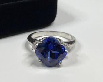 Gorgeous 5ct Cushion Cut Sapphire Ring Size 5 6 7 8 9 Jewelry Gift Mom Bride Wife September Unique Blue Sapphire Ring Side Set Square