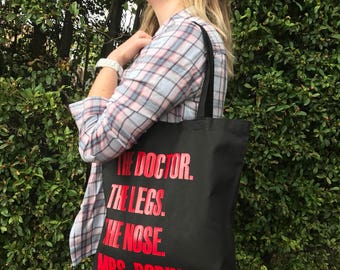 Doctor Who, River Song, Amy Pond Inspired Tote Bag - The Doctor, The Legs, The Nose, Mrs. Robinson -