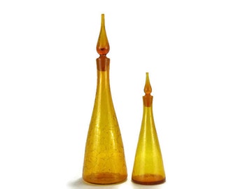 Vintage Art Glass Decanters * Jonquil Yellow Crackle Glass * Genie Bottle * Hand Blown with Flame Stopper * Set of 2