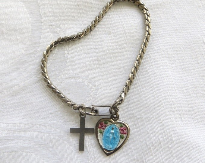 Religious Bracelet, Virgin Mary Guilloche Heart, Mother Mary Chaplet, Catholic Bracelet, Vintage Religious Jewelry