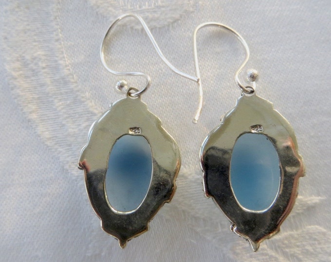 Blue Chalcedony Sterling Earrings, Pierced Drop Earrings, Blue Chalcedony Stones, Gemstone Earrings