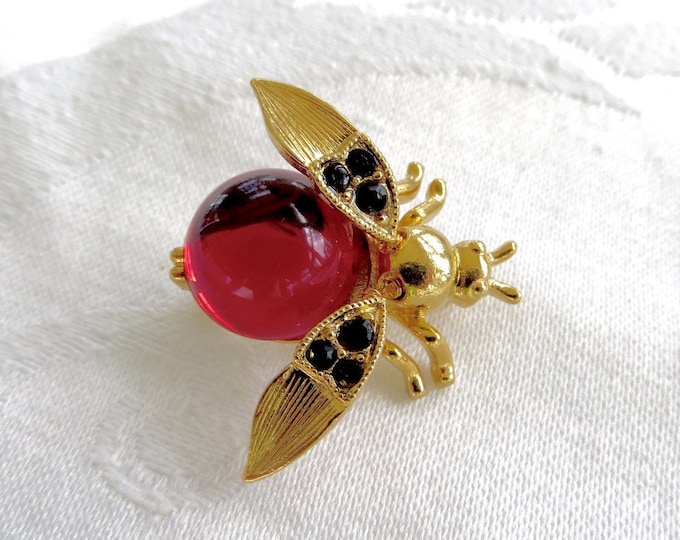 Trifari Bee Trembler Brooch, Jelly Belly Bee Pin, Vintage Insect Jewelry, Designer Signed Bug Pin