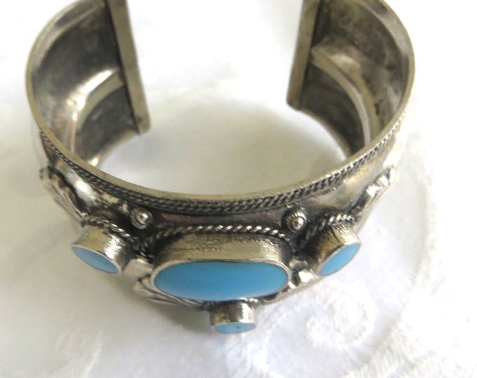 Vintage Afghan Tribal Bracelet, Turquoise Cuff Bracelet, Silvertone Wide Tribal Cuff, Festival Jewelry