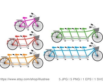Tandem bicycle, family bike, team, bicycle clip art set, illustration, commercial use, vector, PNG, EPS, SVG files, instant download