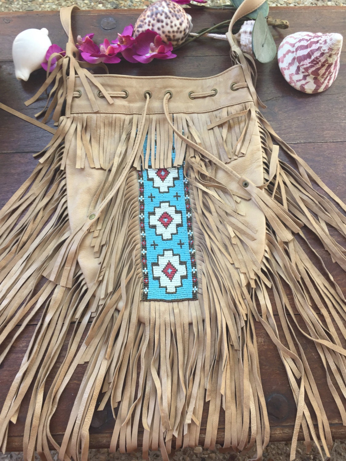 Bohemian hand beaded fringe bag