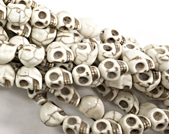 White Ivory Skull Beads 10mm, 40 Beads/15" strand, White Sugar Skull Beads, Skull Heads, Howlite Beads - SMAG135