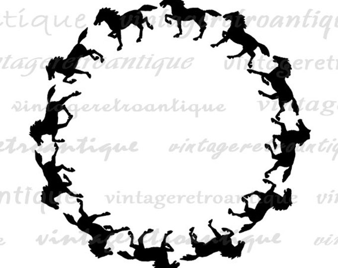 Horse Silhouette Circle Design Digital Graphic Printable Image Download Vintage Clip Art Jpg Png Eps HQ 300dpi No.4294