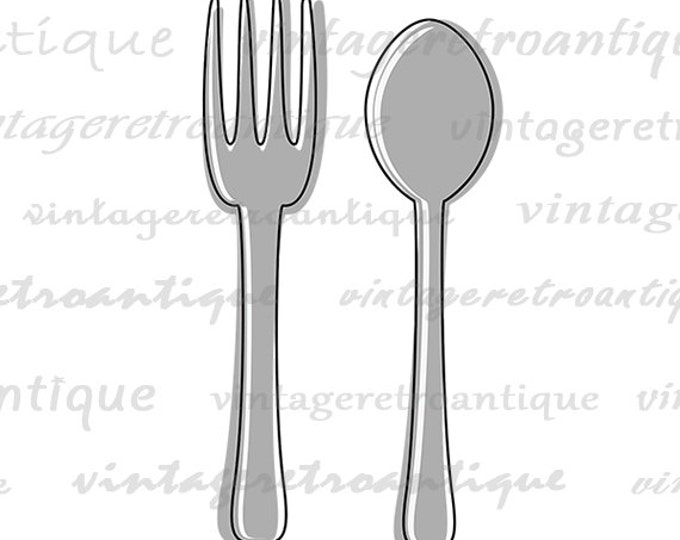 Printable Digital Retro Style Silverware Illustration Graphic Download Fork and Spoon Image Vintage Clip Art HQ 300dpi No.3986