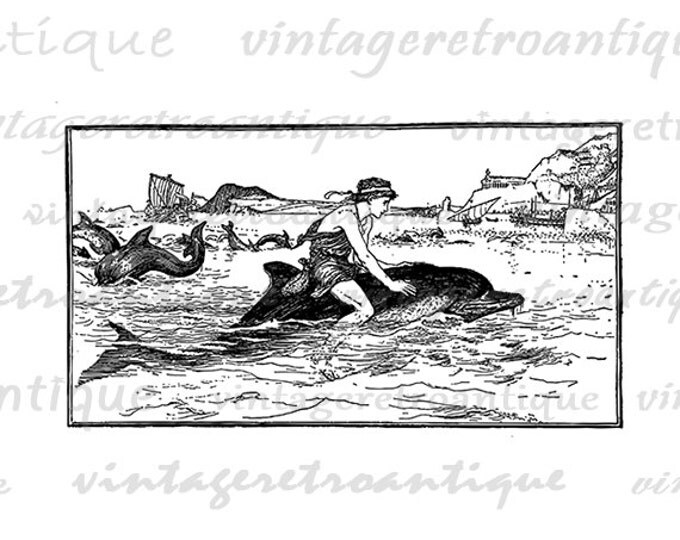 Digital Printable Boy Riding Dolphin Graphic Ocean Sea Animal Image Illustration Download for Transfers HQ 300dpi No.358