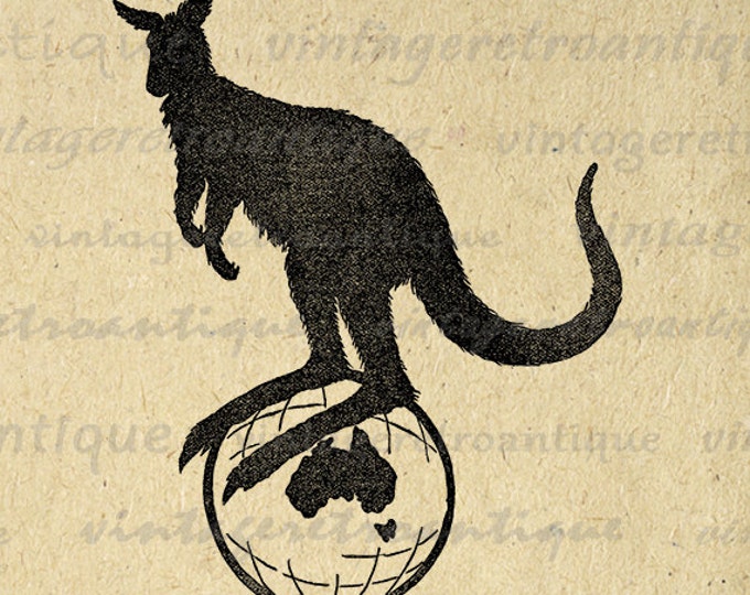 Digital Graphic Kangaroo on Globe Australia Download Image Printable Vintage Clip Art Jpg Png Eps HQ 300dpi No.2144