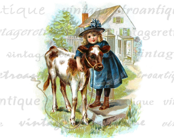 Printable Girl with Baby Cow Digital Graphic Classic Color Illustration Image Download Antique Clip Art HQ 300dpi No.2039