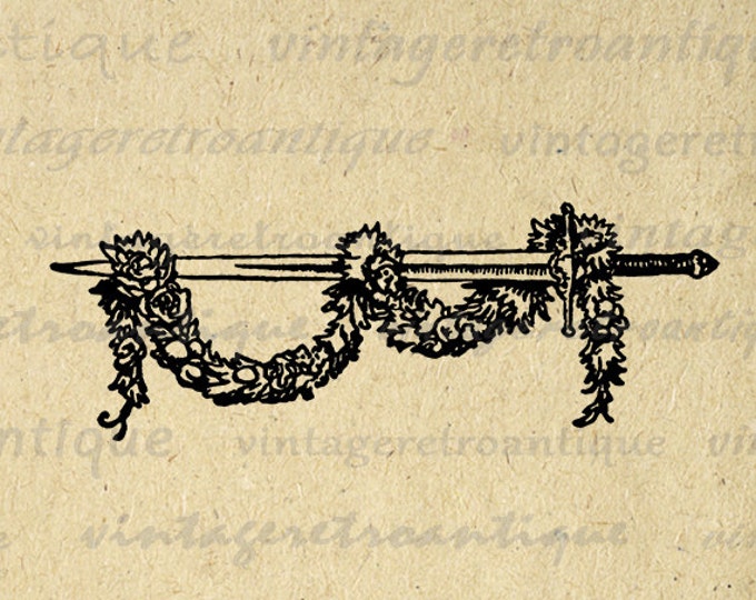 Digital Sword with Flower Garland Graphic Download Printable Image Vintage Clip Art Jpg Png Eps HQ 300dpi No.2877