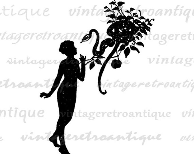 Digital Graphic Woman with Snake Silhouette Image Download Printable Vintage Clip Art Jpg Png Eps HQ 300dpi No.1931