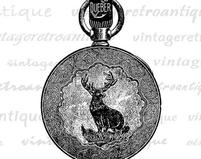 Digital Deer Pocket Watch Image Download Engraved Printable Illustration Graphic Vintage Clip Art Jpg Png Eps HQ 300dpi No.1448