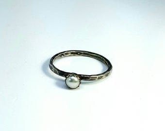 Pearl Stacking Ring, Freshwater pearl ring, silver stacking ring, narrow band ring, engagement ring, simple pearl ring