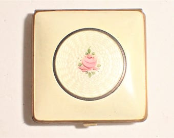 Elgina Fifth Avenue Beige Guilloche Enamel Cabbage Rose Powder and Rouge Compact