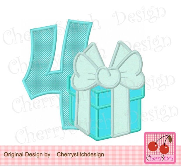 Number 4 with Gift Box Birthday Machine Embroidery Applique Design 4x4 5x5 6x6 inch from 