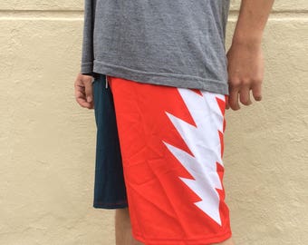 Men's Grateful Dead Board Shorts Swim Trunks / Red, White and Blue Thirteen Point Lightning Bolt / You Enjoy My Shirt