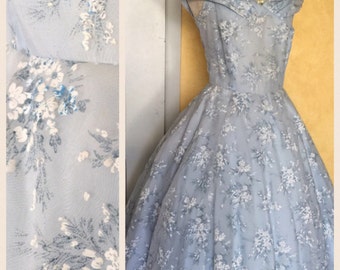 1950s Wedding Dress Periwinkle Blue Dress/ 50s Ballgown Wedding Prom Cocktail Dress/ inspired White Flowers 50s Dress