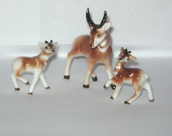 Japan Miniature Bone China 3 Lot Pronghorn Deer Family Animal Figurine Antelope