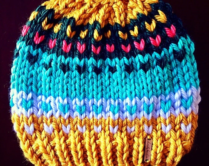 FLASH SALE! Bright Fair Isle Messy Bun Beanie, Chunky Hand Knit Bun Beanie in Mustard, Aqua, Evergreen, Coral, White, Pony Tail Hat