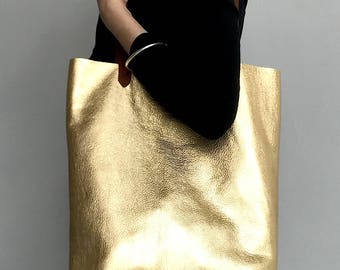 Gold leather bag, gold leather tote bag, gold handbag, metallic leather shoulder bag, metallic shopper, gold shoulder, metallic tote, gold