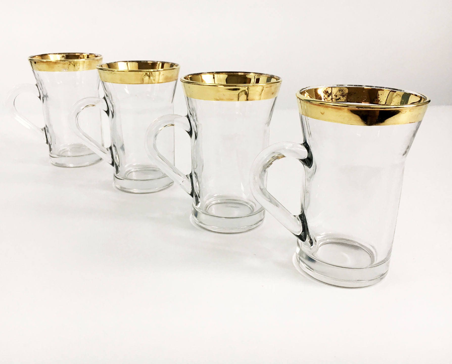 Set of 4 Clear Glass Gold Rim Coffee Mugs / Glasses Made in Italy