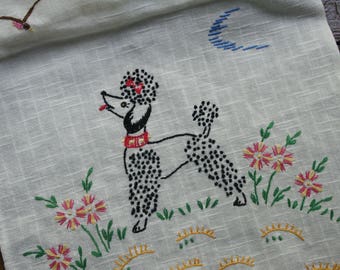 Vintage Embroidered Poodle Table Runner ~ White Dresser Scarf
