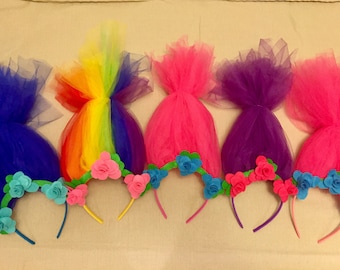 Trolls Headband // Poppy // Tulle Felt Flowers // Costume // Crazy Hair Day // Birthday Party Hat // Trolls Party // Pink Green Red Hair