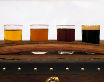 Napa Valley Wine Barrel Stave - Beer Tasting Flight // 4 glass taster set - Father's Day Gift - reclaimed wood - housewarming - bar gift