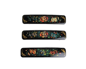 Vintage Zhostovo Floral Painted Hair Clips, Hand Painted Tole, Folk Art Barrettes, Hair Accessories